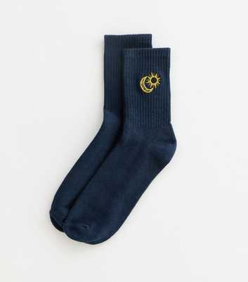 Navy Sun and Moon Embroidered Tube Socks