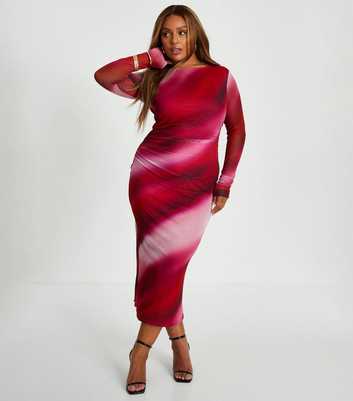 QUIZ Curves Red Marble Print Long Sleeve Maxi Dress