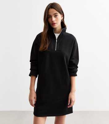 Black Funnel Neck Half Zip Sweater Mini Dress