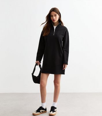 Black Funnel Neck Half Zip Sweater Mini Dress New Look