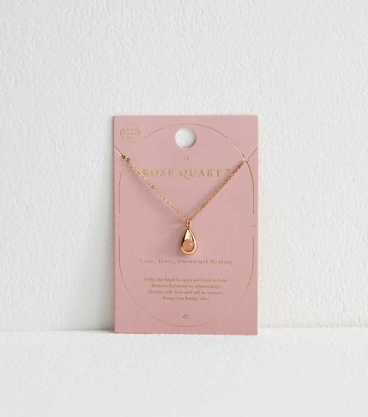 Rose Gold Tone Semi Precious Rose Quartz Teardrop Necklace