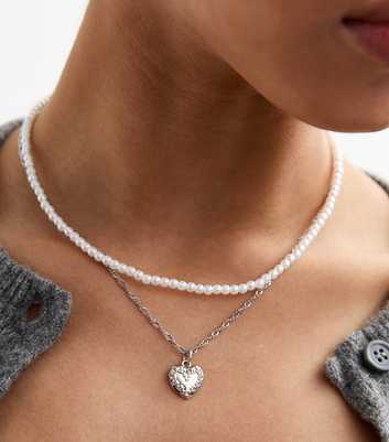 Silver Tone Double Layer Pearl Heart Necklace