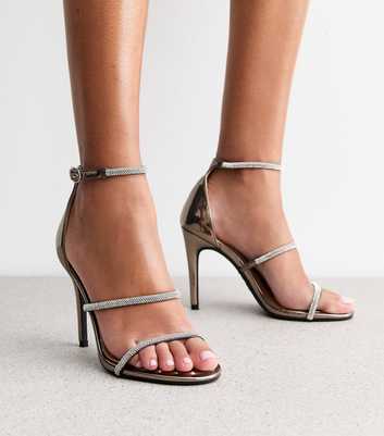 Grey Diamanté Embellished Stiletto Heel Sandals