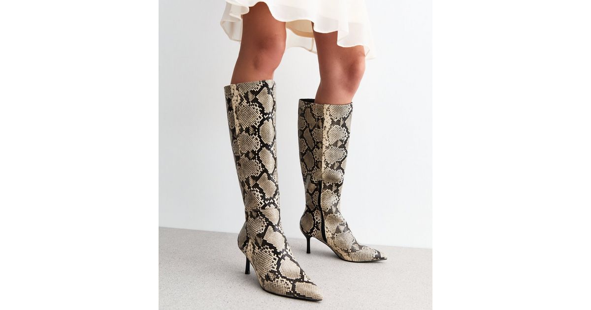 Off White Snakeskin Knee High Boots New Look