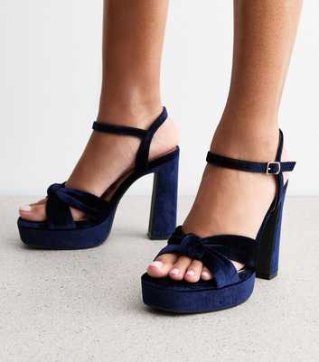 Navy Velvet Heeled Platform Sandals