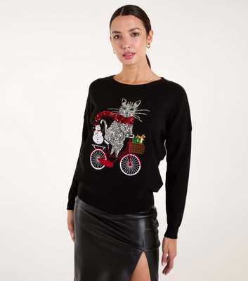 Blue Vanilla Black Sequin Cat Christmas Jumper