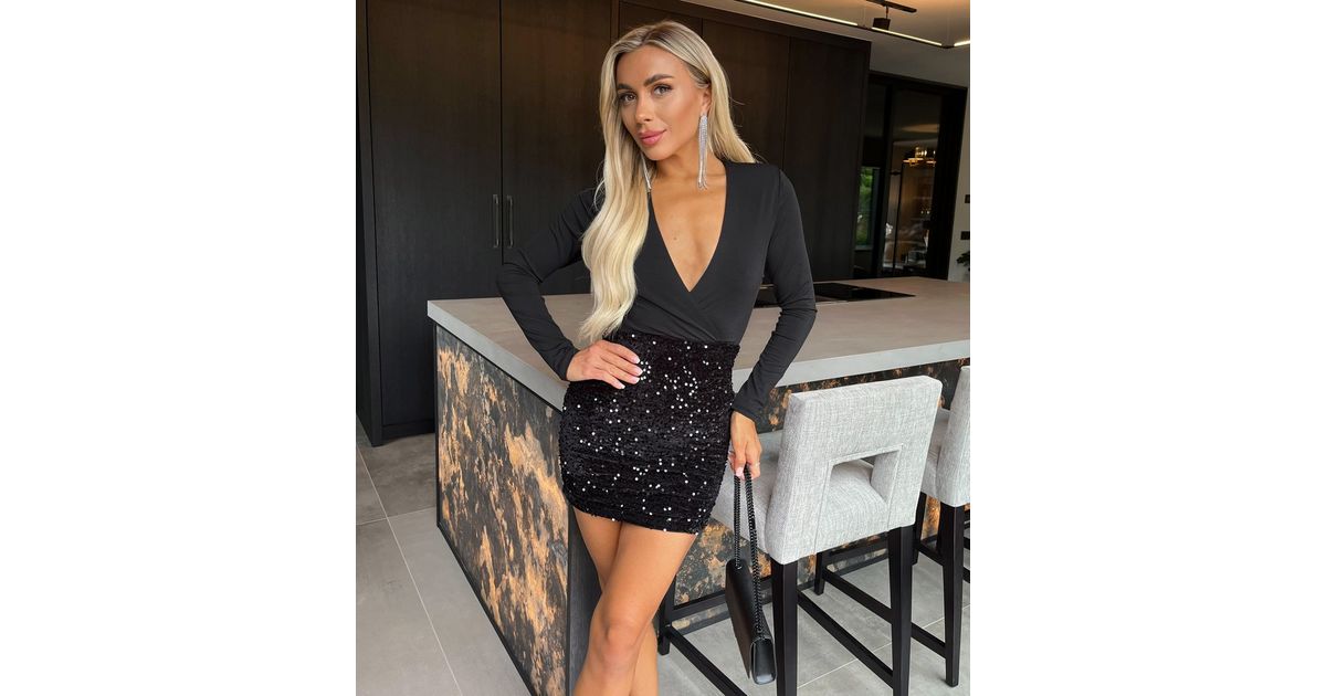 HOT Ax Paris Black Velvet Wrap Mini Skirt AX Paris Black Sequin