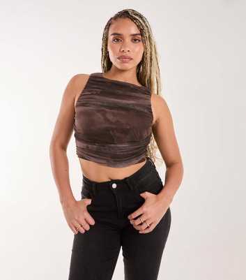 Pink Vanilla Brown Abstract Print Mesh Top