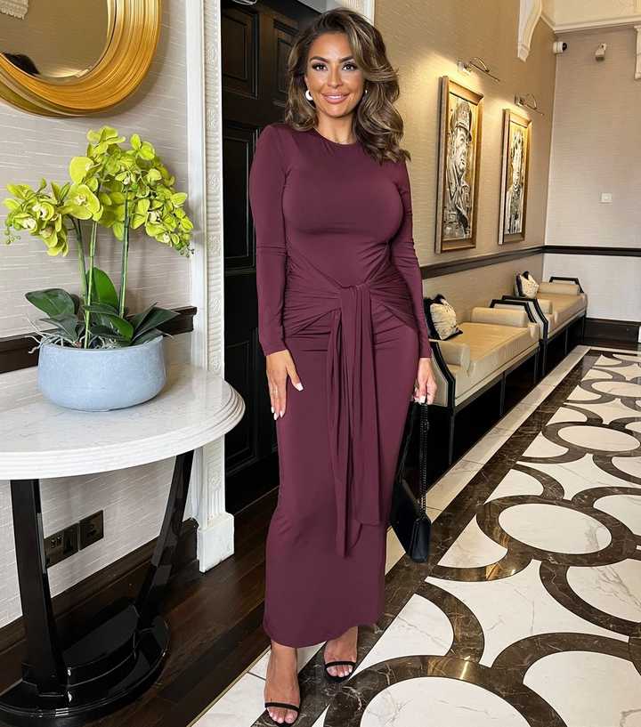 chinese dress ladies Edwina Shirred Frill Long Sleeve Midi Dress - Plum Floral