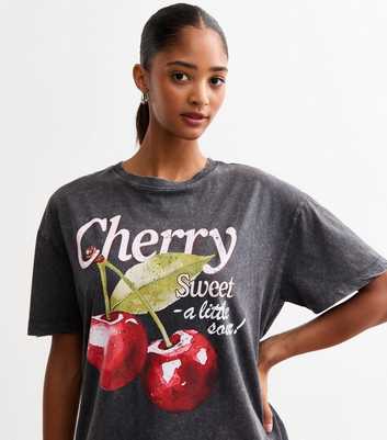 Dark Grey Cotton Sour Cherry Print Oversized T-Shirt