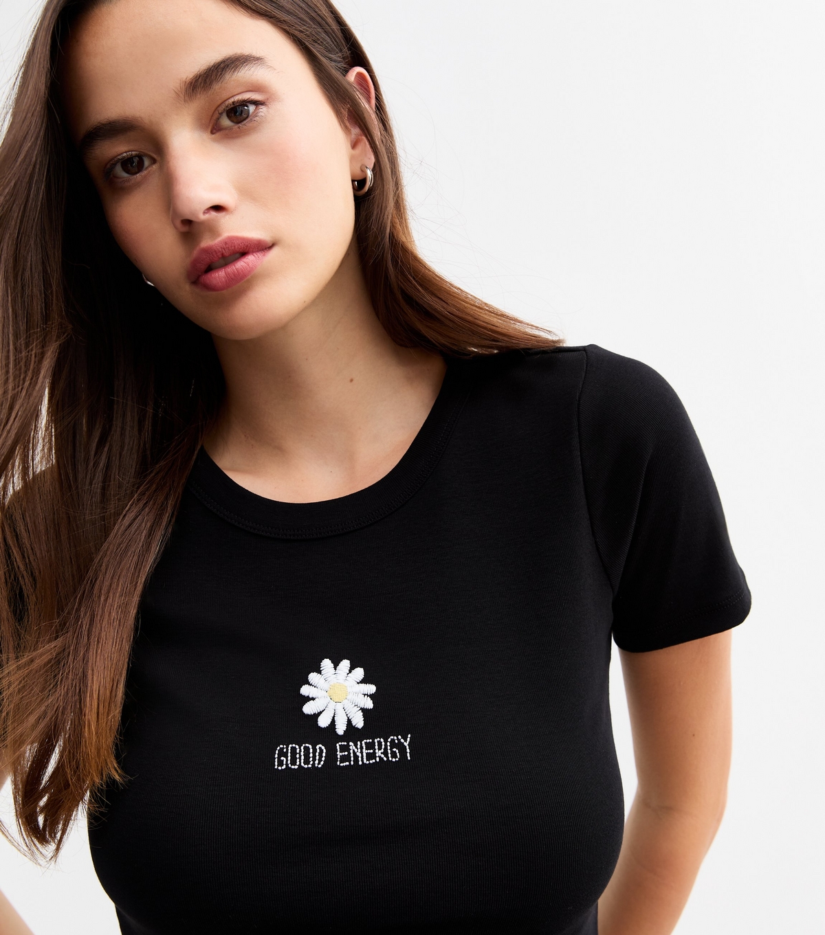 Women's Black Embroidered Good Energy Baby Tee T-Shirt New Look