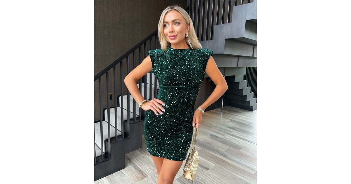 AX Paris Green Sequin Shoulder Pad Mini Dress New Look
