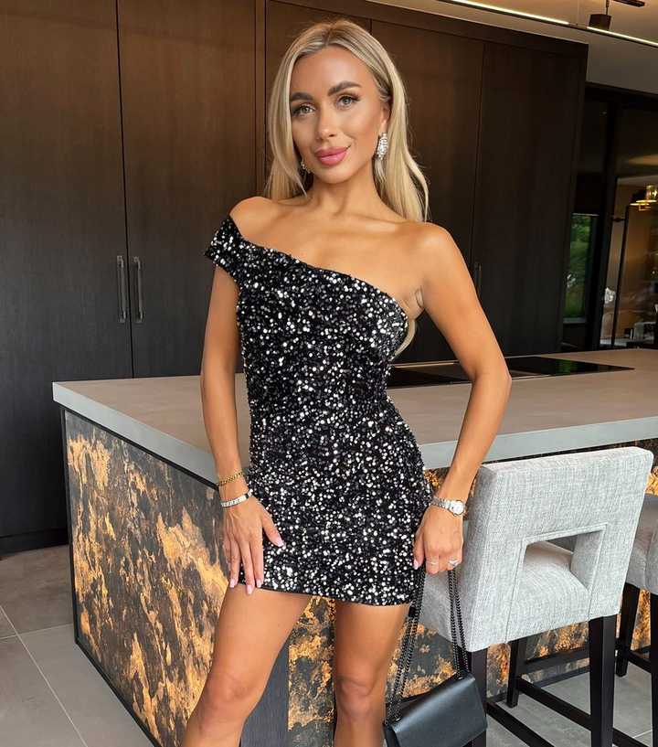 AX Paris Black One Shoulder Sequinned Velvet Mini Dress