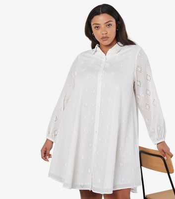 Apricot Curves White Cotton Embroidered Mini Shirt Dress New Look