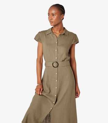 Apricot Olive Linen-Blend Button Front Belted Midi Dress New Look