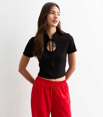 Black Cut Out Tie Neck Crop Top