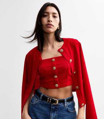 Red Boucle Button Detail Crop Top