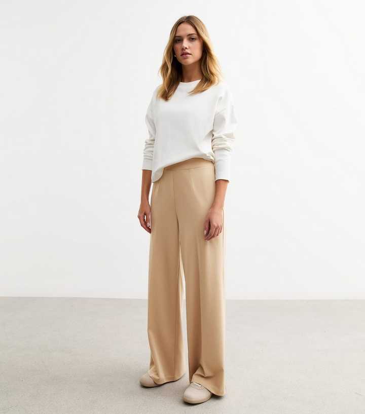Camel Brown Wide Leg Jersey Trousers