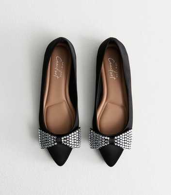 Black Crystal Bow Satin Ballet Flats 