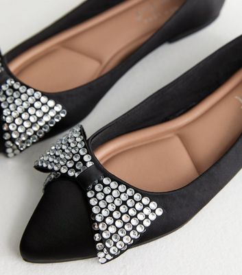 Black Crystal Bow Satin Ballet Flats New Look