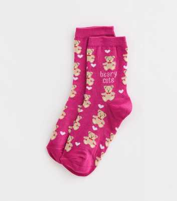 Bright Pink Beary Cute Text Socks