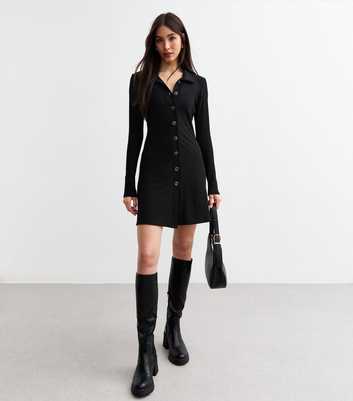 Black Ribbed Jersey Mini Shirt Dress