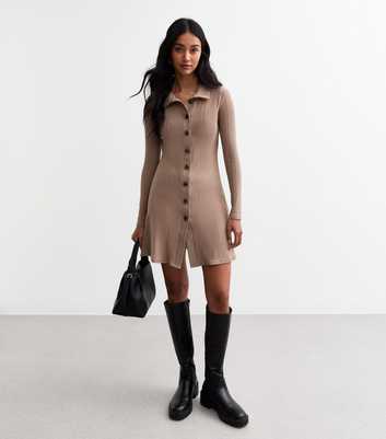 Camel Ribbed Jersey Mini Shirt Dress