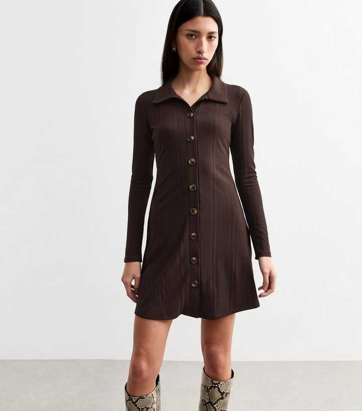 Brown Ribbed Jersey Button Up Dress Brown Ribbed Jersey Button Up Dress