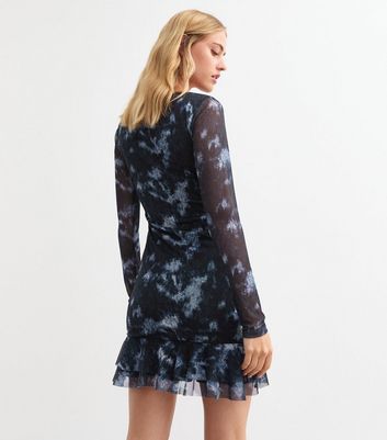 Blue Tie Dye Print Ruffled Mesh Mini Dress New Look