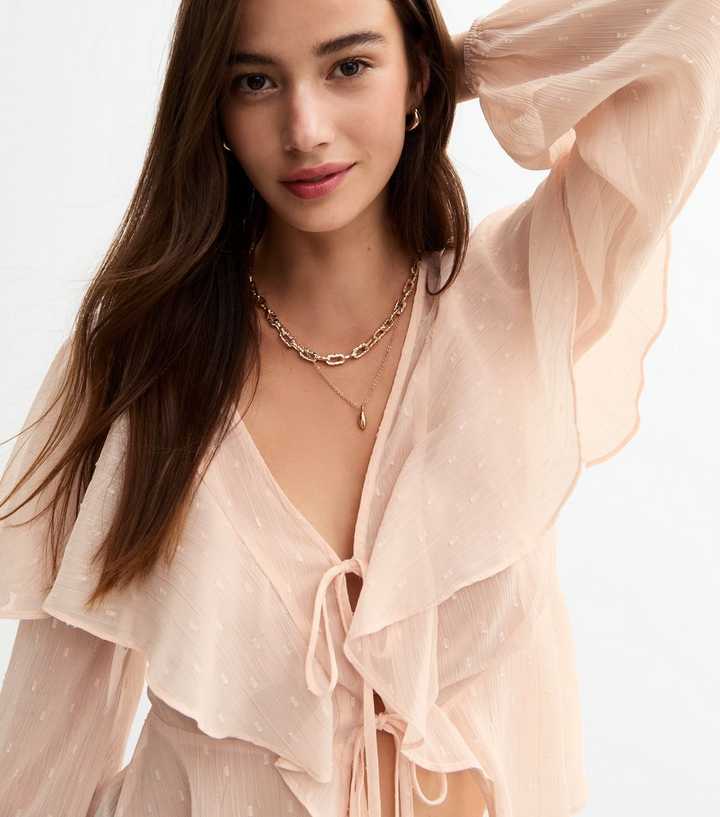Pale Pink Chiffon Ruffle Trim Tie Front Blouse