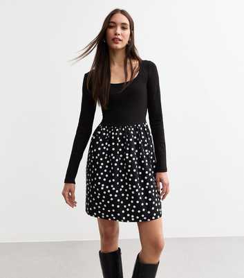 Black Scoop Neck Polka Dot Poplin Mini Dress