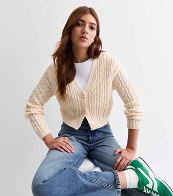 Girls Cream Cable Knit Crop Cardigan