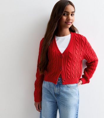 Girls Red Cable Knit Crop Cardigan New Look