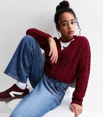 Girls Burgundy Cable Knit Crop Cardigan