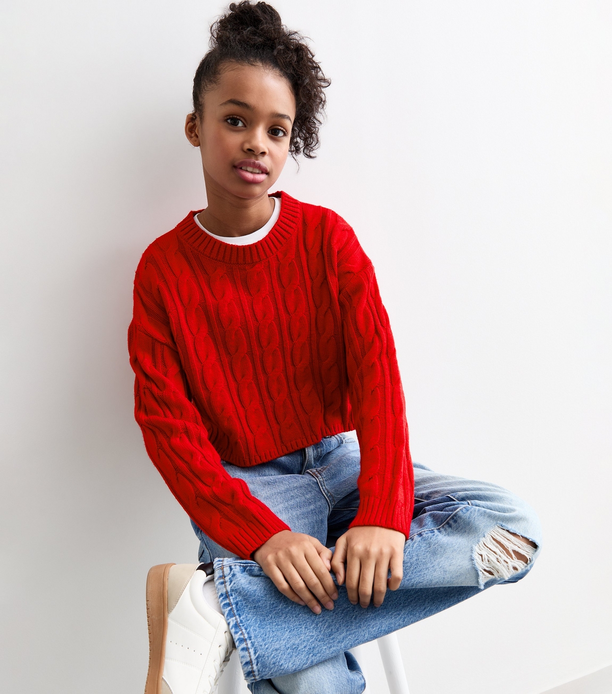 Girls' Red Cable Knit Jumper New Look