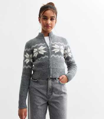 Girls Grey Fairisle Zip Up Jumper