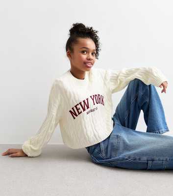 Girls Cream New York Slogan Cable Knit Jumper