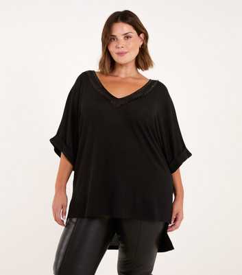 Blue Vanilla Curves Black Sequin Batwing Top