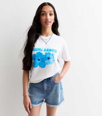 Girls White Cotton Miami Beach Print T-Shirt