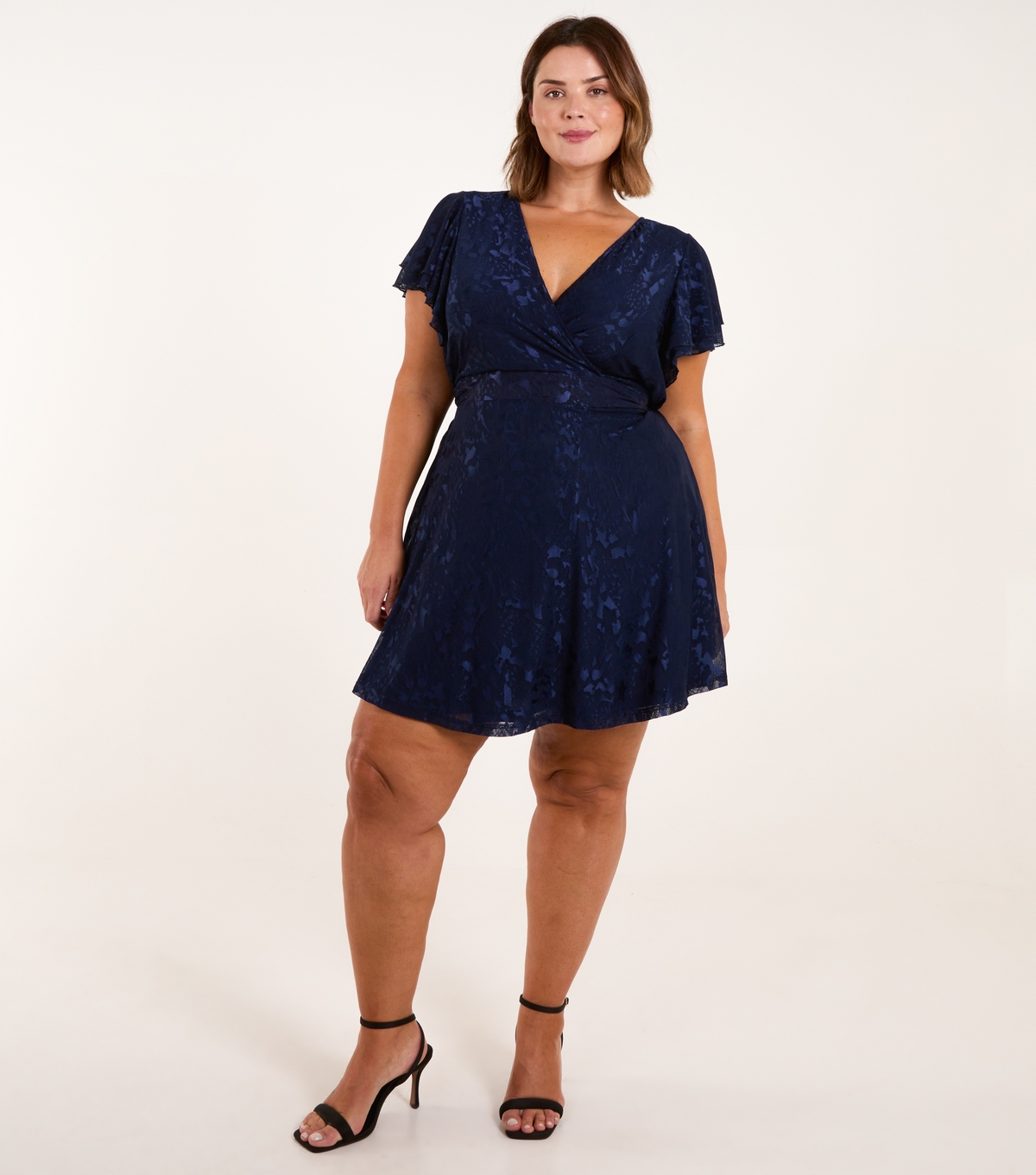 Women's Plus Size Navy Mesh Wrap Dress Curves Blue Vanilla New Look