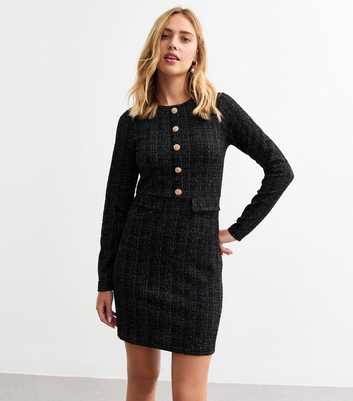 Black Metallic Long Sleeve Bouclé Mini Dress