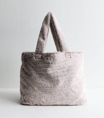 Grey Plushy Faux Fur Large Tote Bag New Look