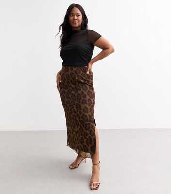 Curves Brown Leopard Print Mesh Midi Skirt