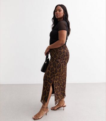 Curves Brown Leopard Print Mesh Midi Skirt New Look