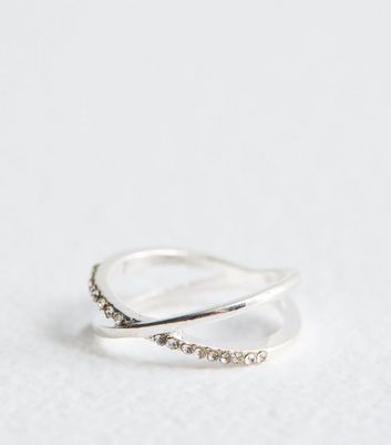 Silver Tone Crossover Embellished Ring New Look