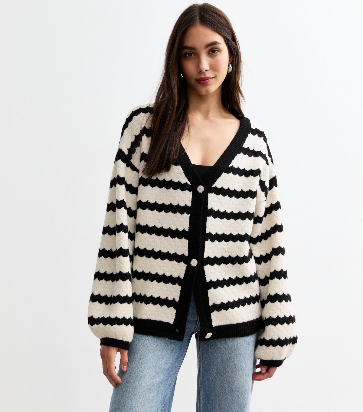 Women's Off White Bobble Stitch Striped Cardigan Sunshine Soul New Look