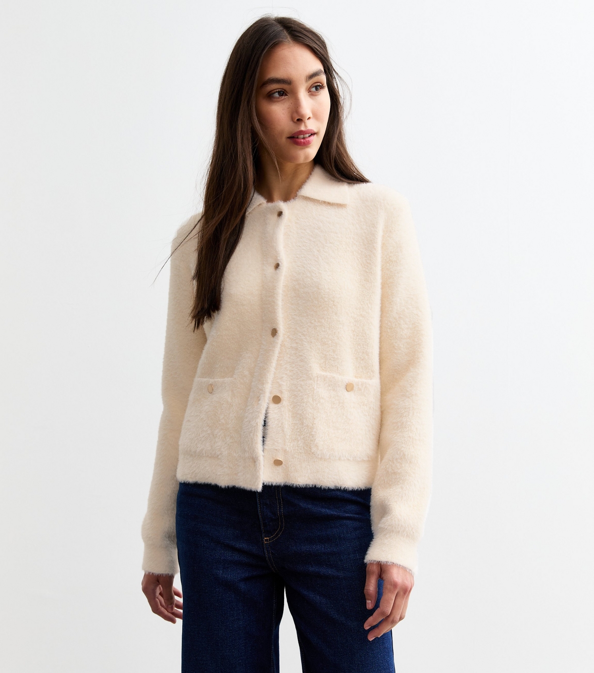 Women's Cream Fluffy Knit Button Up Cardigan Sunshine Soul New Look