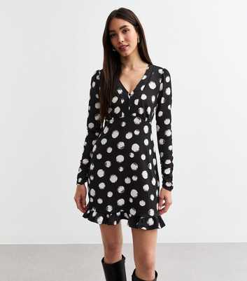 Black Spot Print Woven Long Sleeve Dress