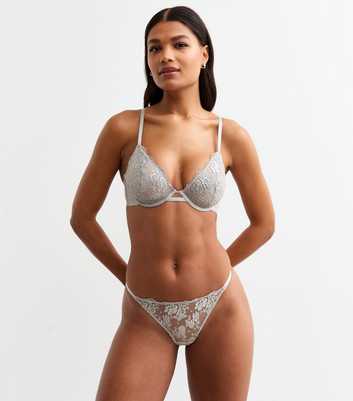 Silver Metallic Floral Embroidered Mesh Thong