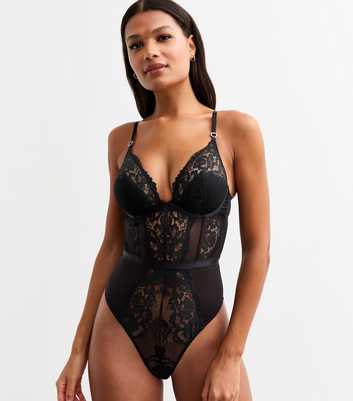 Black Caged Lace Demi Bra Thong Bodysuit